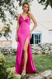 Vestido de fiesta de sirena fucsia con cuentas con abertura