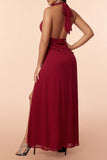 Vestido de fiesta con volantes halter burdeos con abertura
