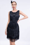 Vestido negro de Gatsby de la década de 1920 con flecos y lentejuelas