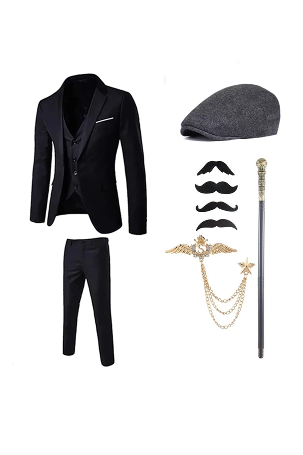 Trajes de hombre de la década de 1920 con solapa con muescas en azul oscuro con conjunto de accesorios