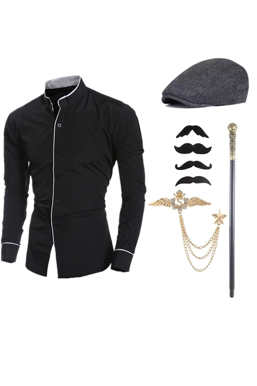 Camisa de traje de hombre negra de manga larga con cuello alto y accesorios