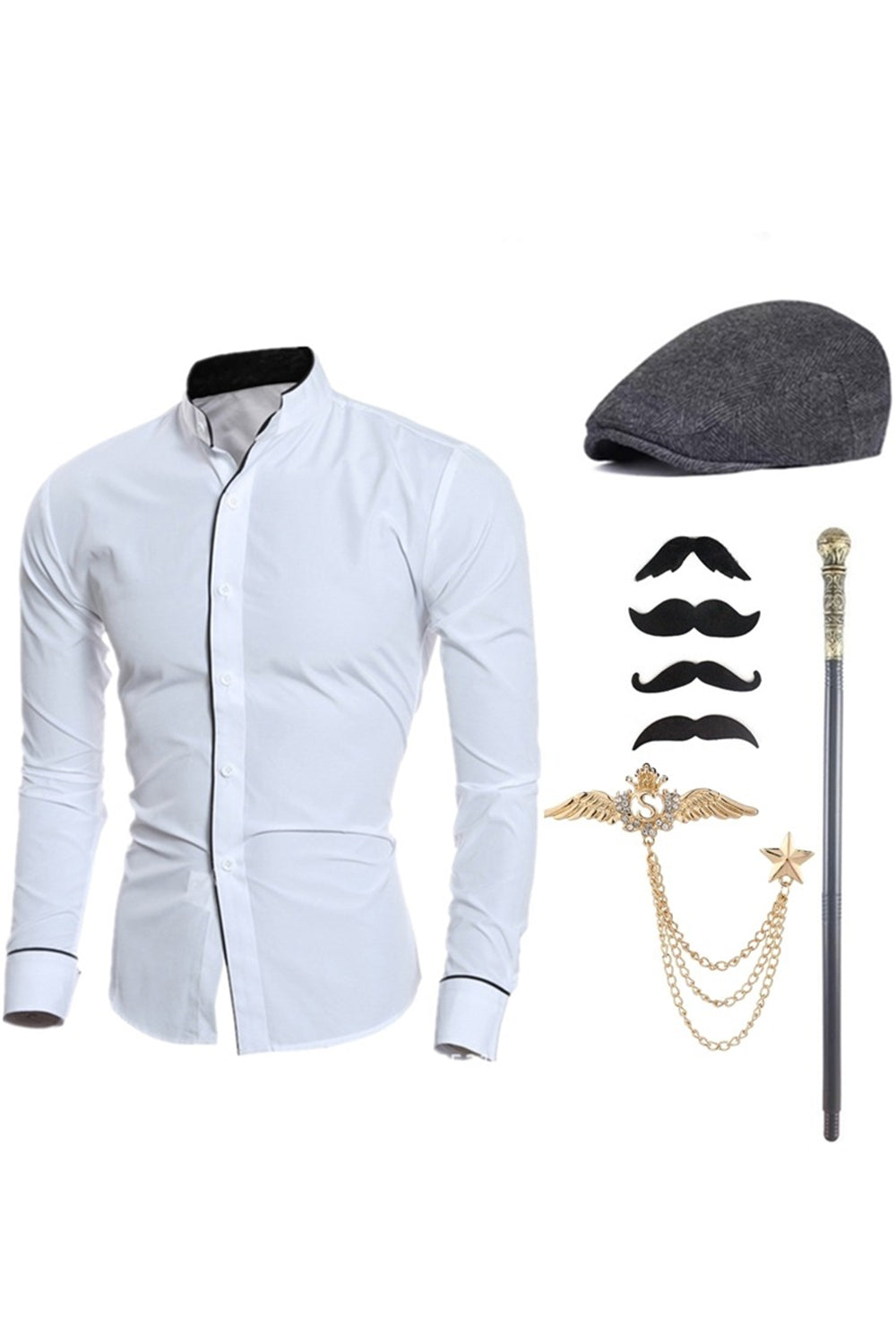 Camisa de traje de hombre negra de manga larga con cuello alto y accesorios