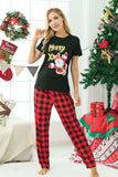Pijama navideño familiar a cuadros negros y rojos con mangas cortas