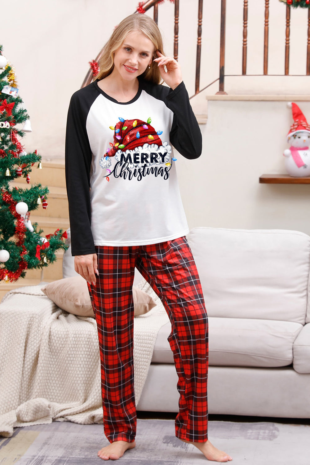 Pijama navideño familiar a cuadros de manga larga