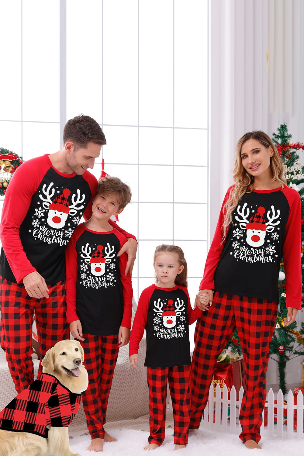Conjuntos de pijamas con estampado navideño de cuadros rojos con perro