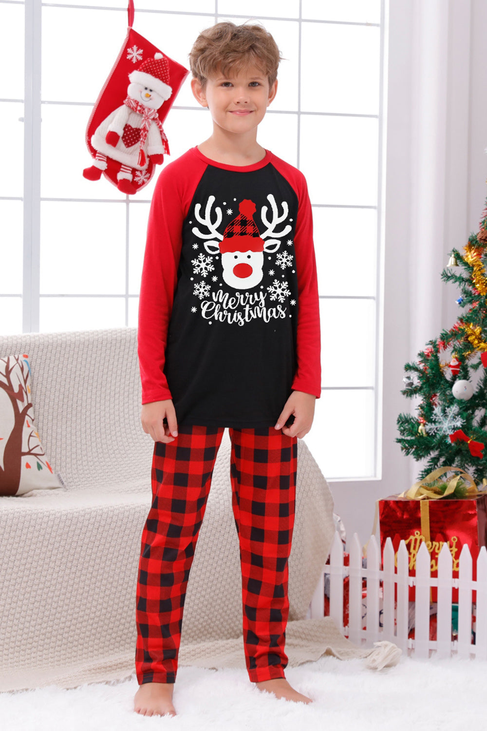 Conjuntos de pijamas con estampado navideño de cuadros rojos con perro