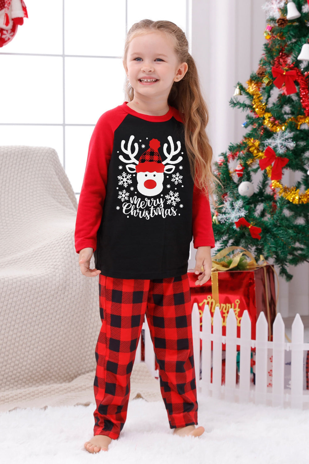 Conjuntos de pijamas con estampado navideño de cuadros rojos con perro