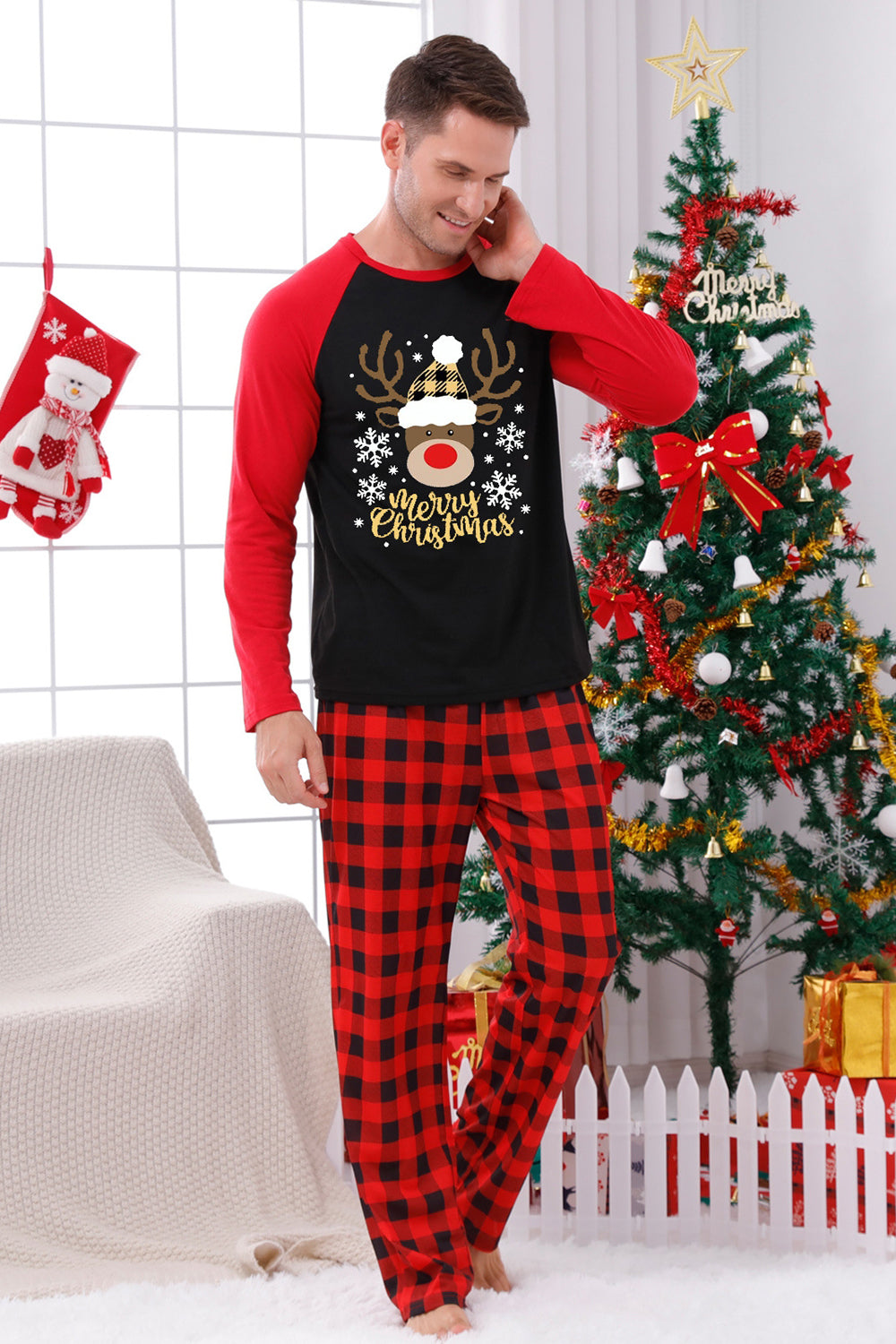 Conjuntos de pijamas con estampado navideño de cuadros rojos con perro