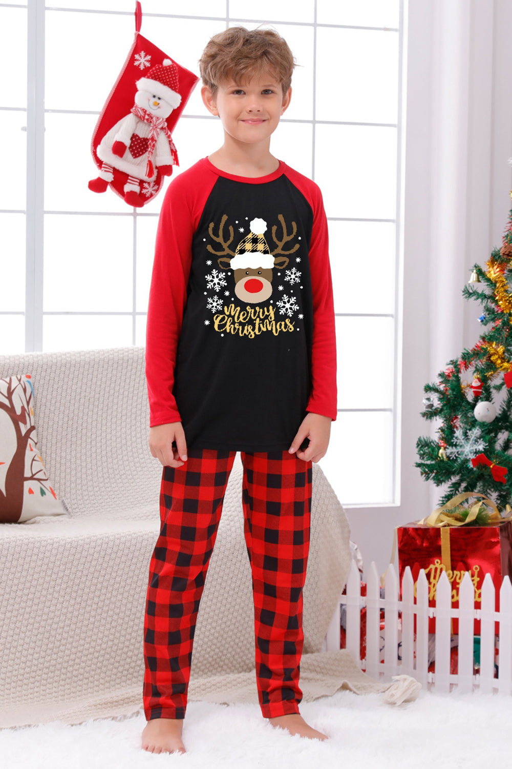 Conjuntos de pijamas con estampado navideño de cuadros rojos con perro