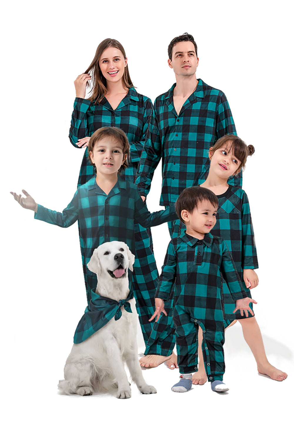 Juego de pijama de 2 piezas a juego de la familia a cuadros navideños verde oscuro