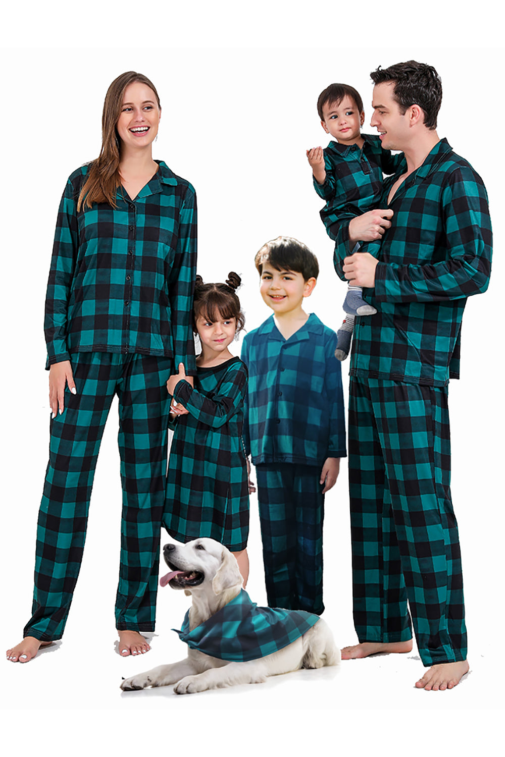 Juego de pijama de 2 piezas a juego de la familia a cuadros navideños verde oscuro