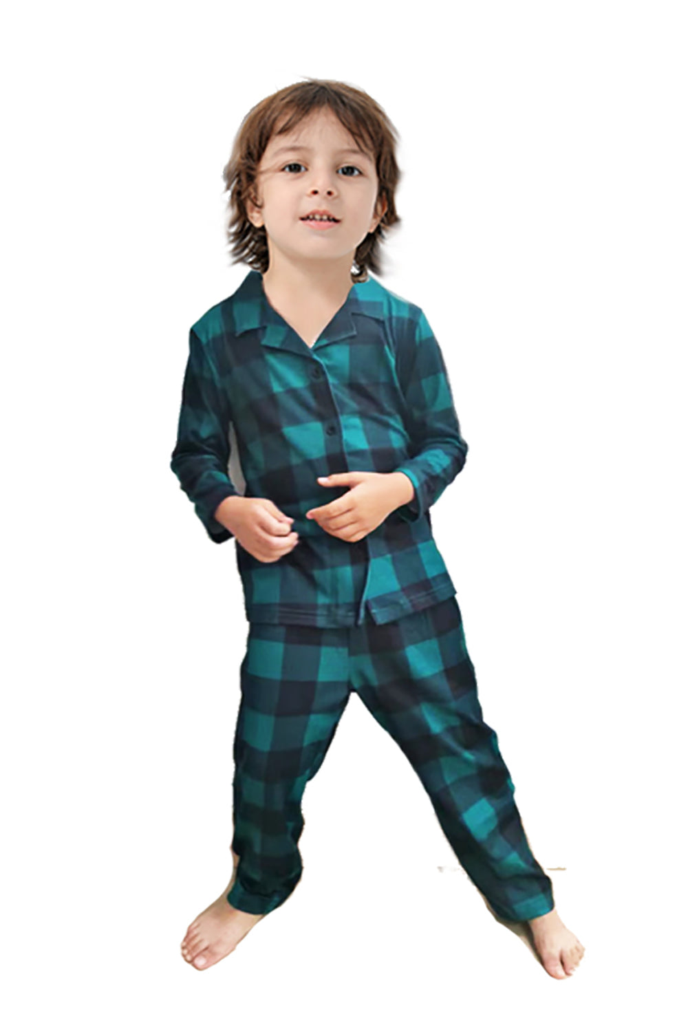 Juego de pijama de 2 piezas a juego de la familia a cuadros navideños verde oscuro