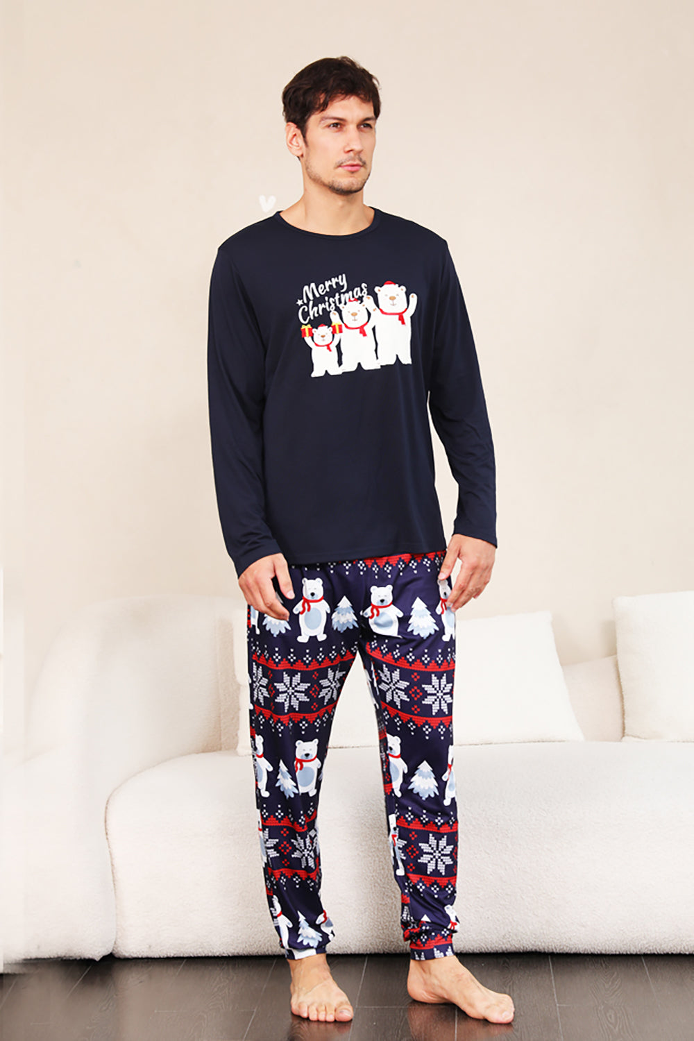 Conjunto de pijama familiar navideño con estampado azul marino
