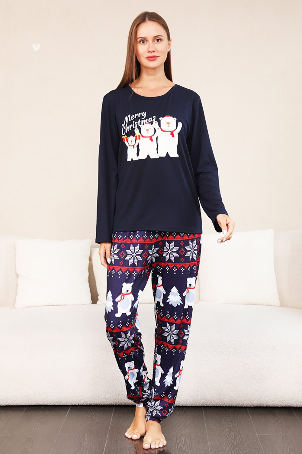 Conjunto de pijama familiar navideño con estampado azul marino