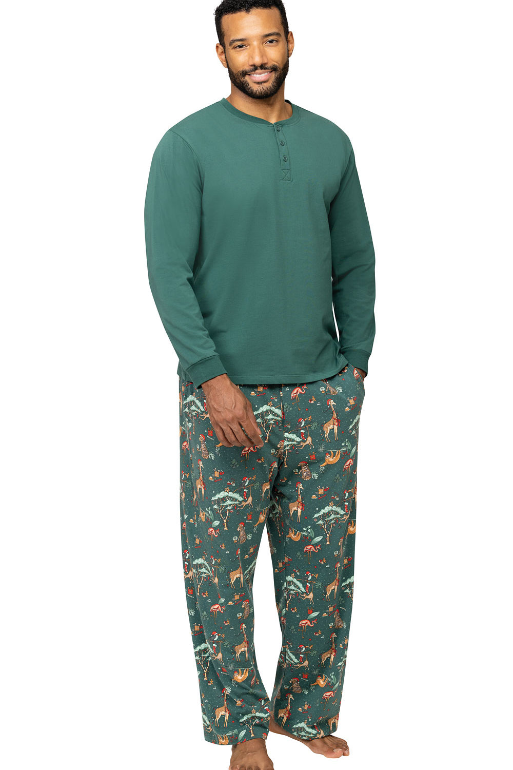 Conjunto de pijamas a juego de la familia navideña Pijama verde con estampado de animales