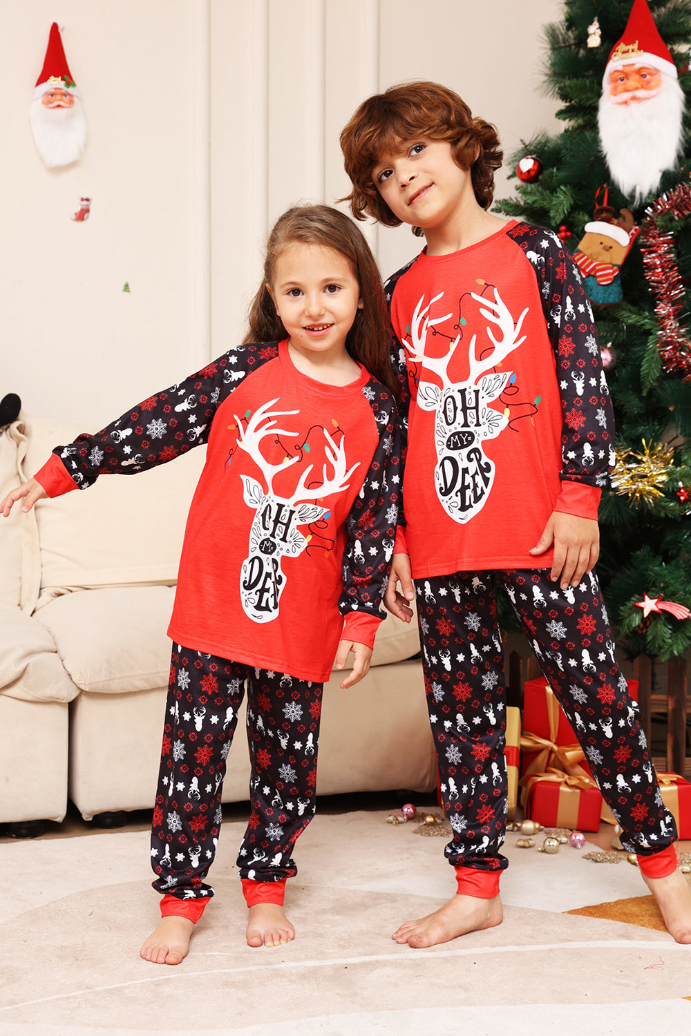 Pijama a juego de la familia navideña Conjunto de pijamas estampados de ciervo rojo negro