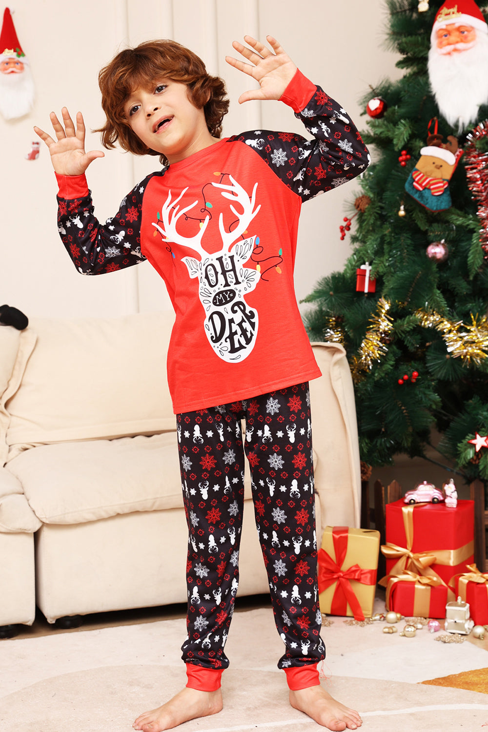 Pijama a juego de la familia navideña Conjunto de pijamas estampados de ciervo rojo negro