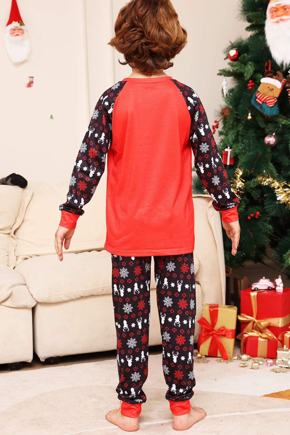 Pijama a juego de la familia navideña Conjunto de pijamas estampados de ciervo rojo negro