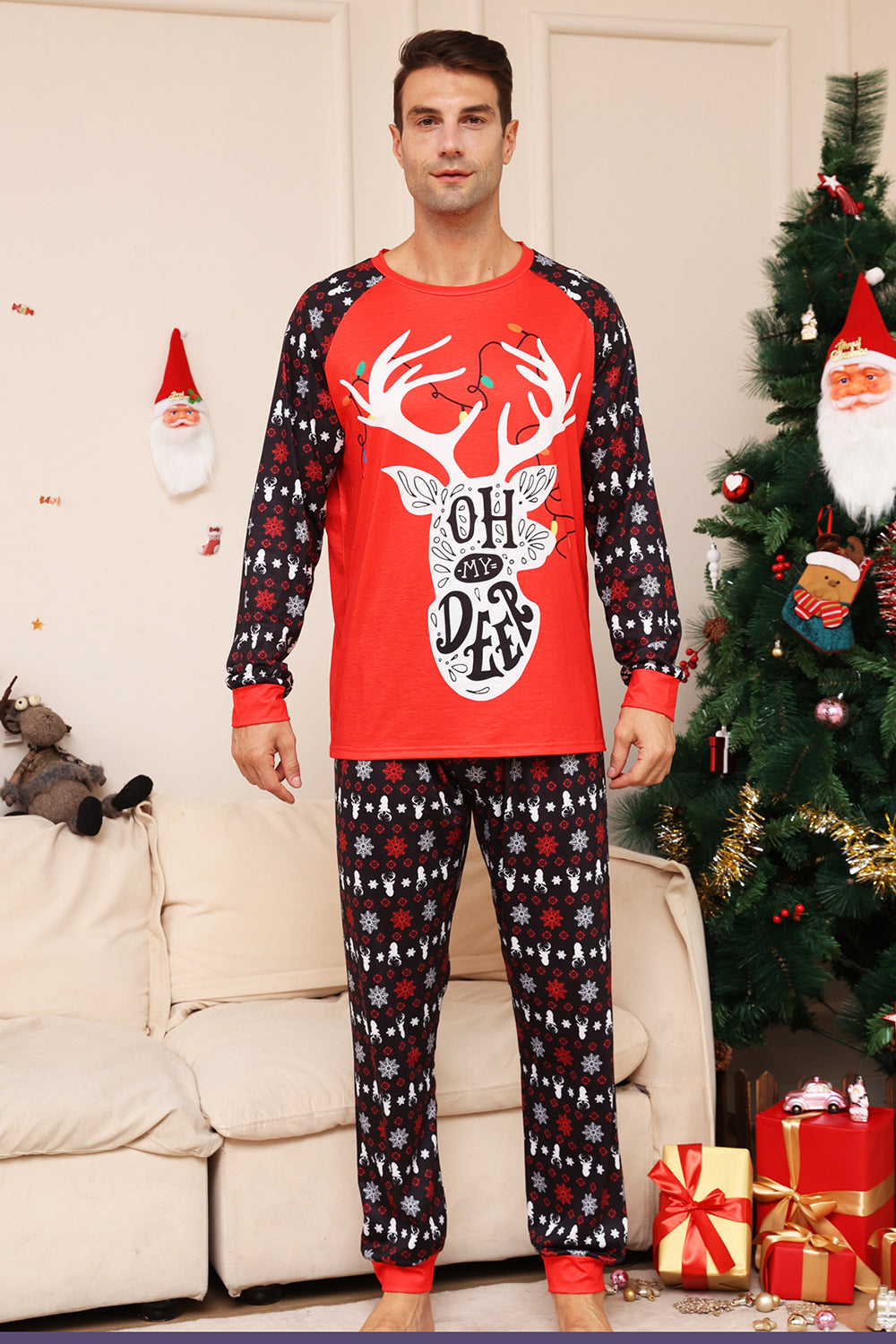 Pijama a juego de la familia navideña Conjunto de pijamas estampados de ciervo rojo negro