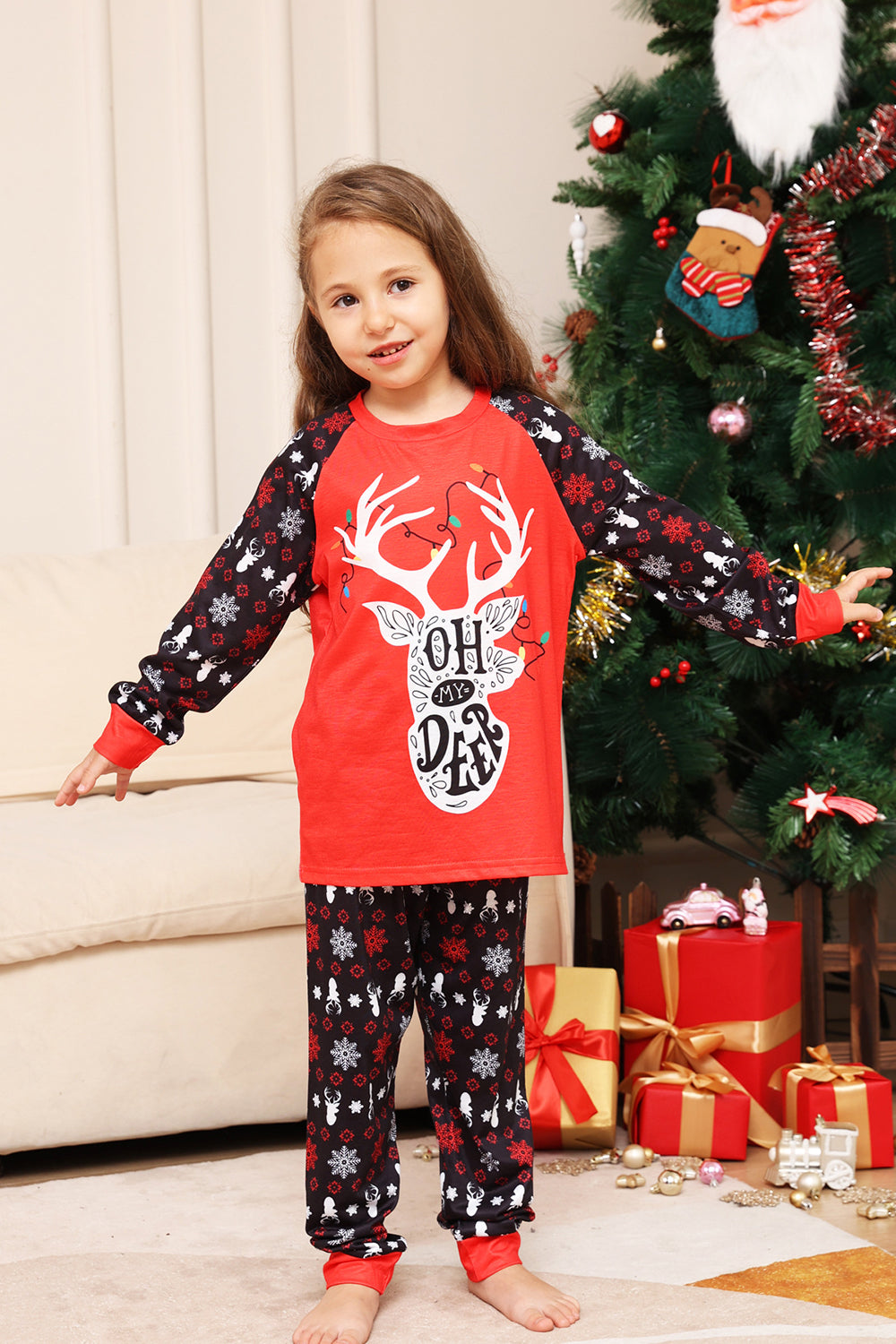 Pijama a juego de la familia navideña Conjunto de pijamas estampados de ciervo rojo negro