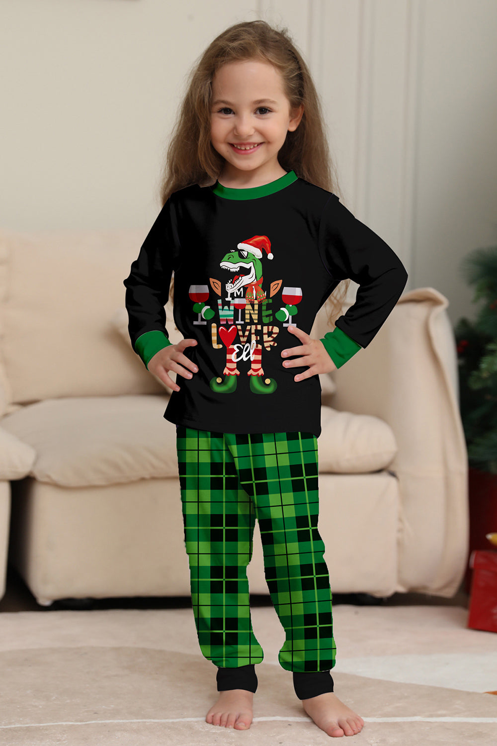 Conjunto de pijamas con estampado de dinosaurio amante del vino de la familia navideña