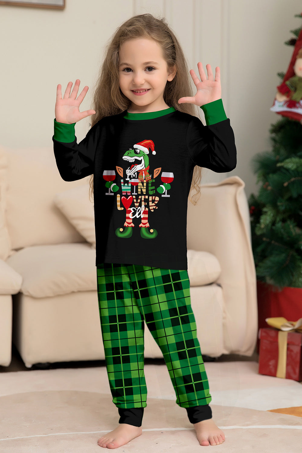 Conjunto de pijamas con estampado de dinosaurio amante del vino de la familia navideña