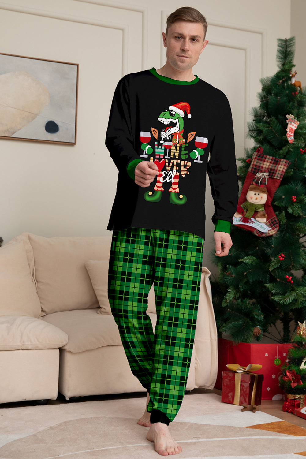Conjunto de pijamas con estampado de dinosaurio amante del vino de la familia navideña