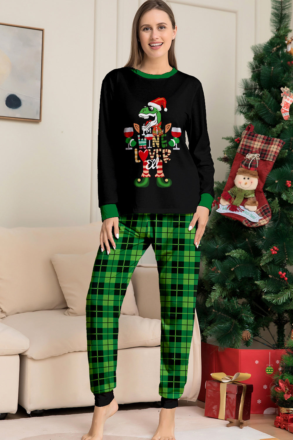 Conjunto de pijamas con estampado de dinosaurio amante del vino de la familia navideña