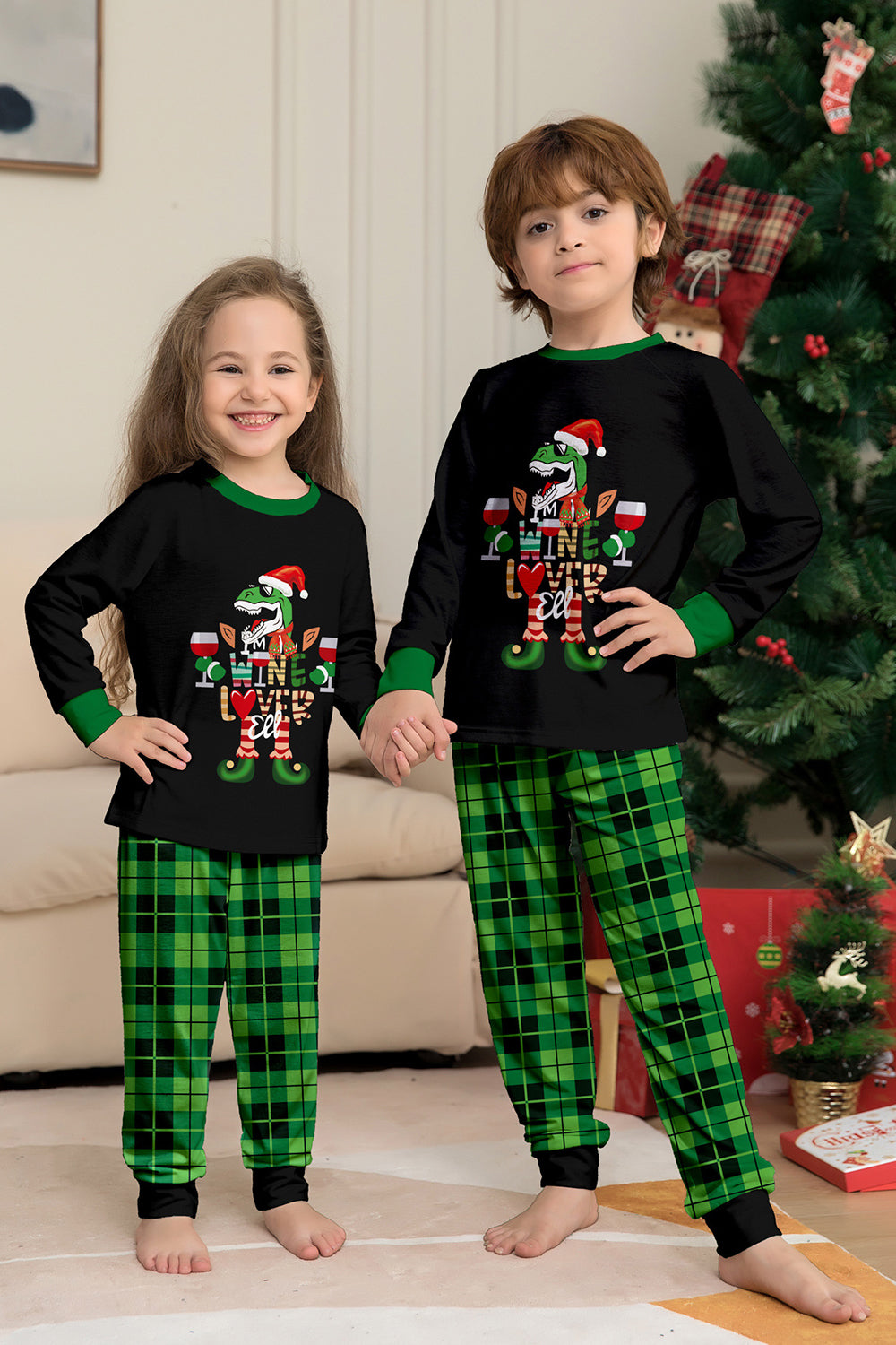 Conjunto de pijamas con estampado de dinosaurio amante del vino de la familia navideña