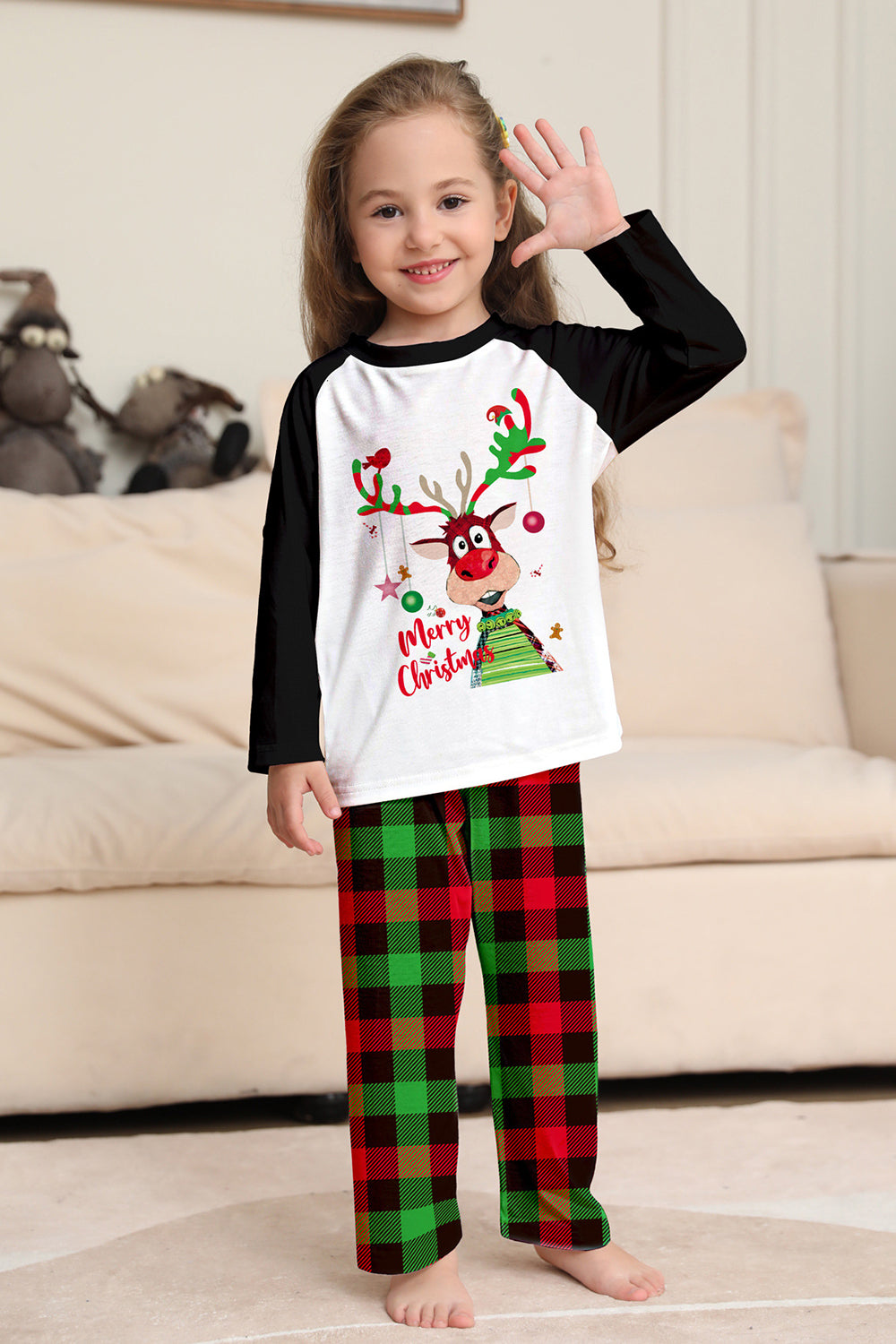 Conjunto de pijamas a cuadros con estampado de ciervo negro blanco de la familia de Navidad