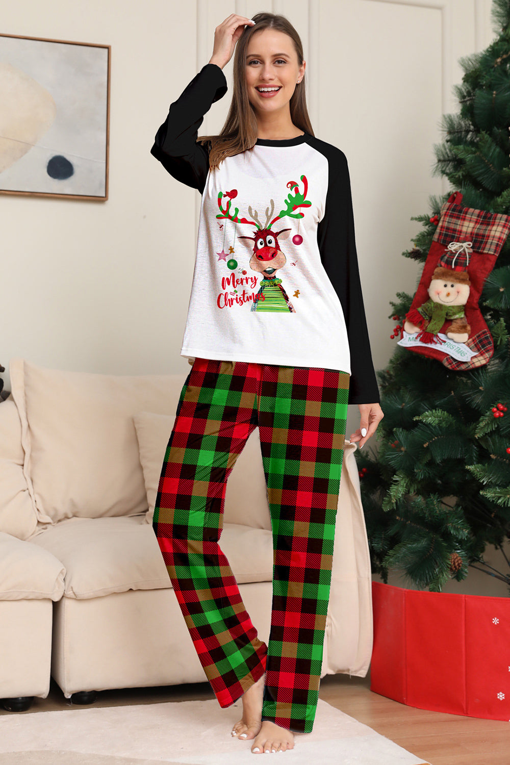 Conjunto de pijamas a cuadros con estampado de ciervo negro blanco de la familia de Navidad