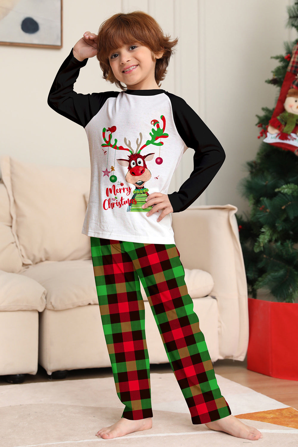 Conjunto de pijamas a cuadros con estampado de ciervo negro blanco de la familia de Navidad