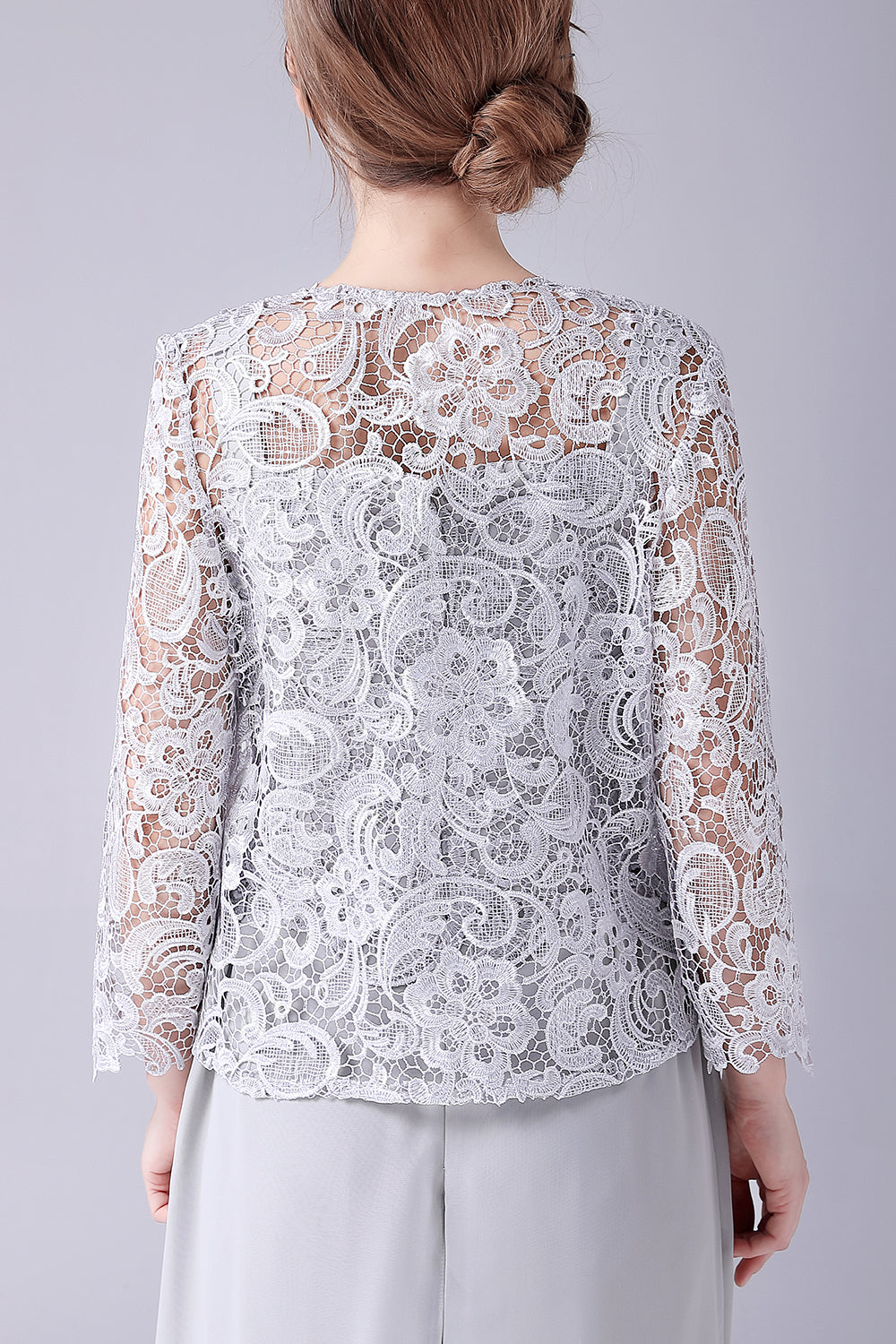 Pantalón de gasa plateado y top de encaje Madre de la novia Trajes de pantalón