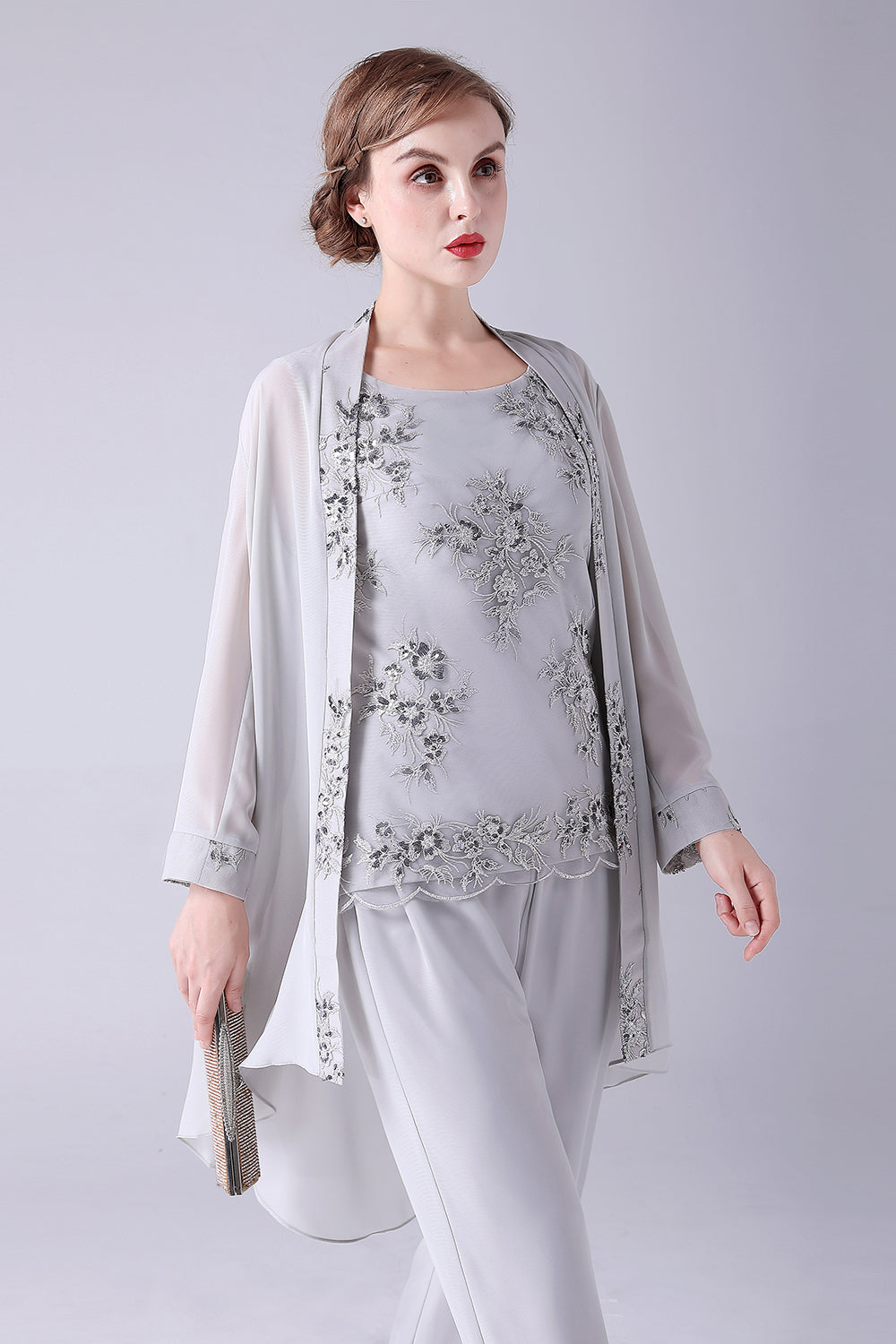 Trajes de pantalón azul marino de 3 piezas de la madre de la novia con apliques