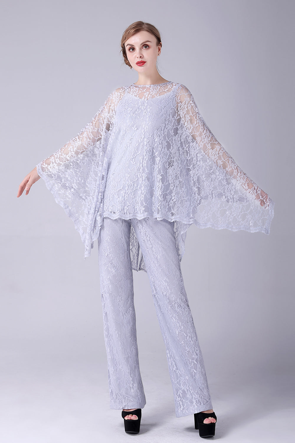 Plata 3 Piezas Mangas Largas Madre de la Novia Trajes Pantalón