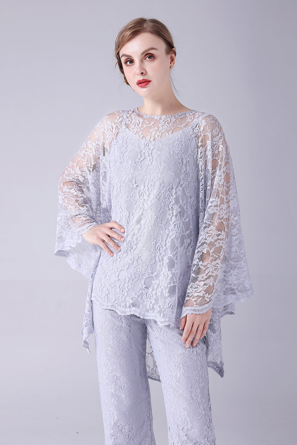 Plata 3 Piezas Mangas Largas Madre de la Novia Trajes Pantalón