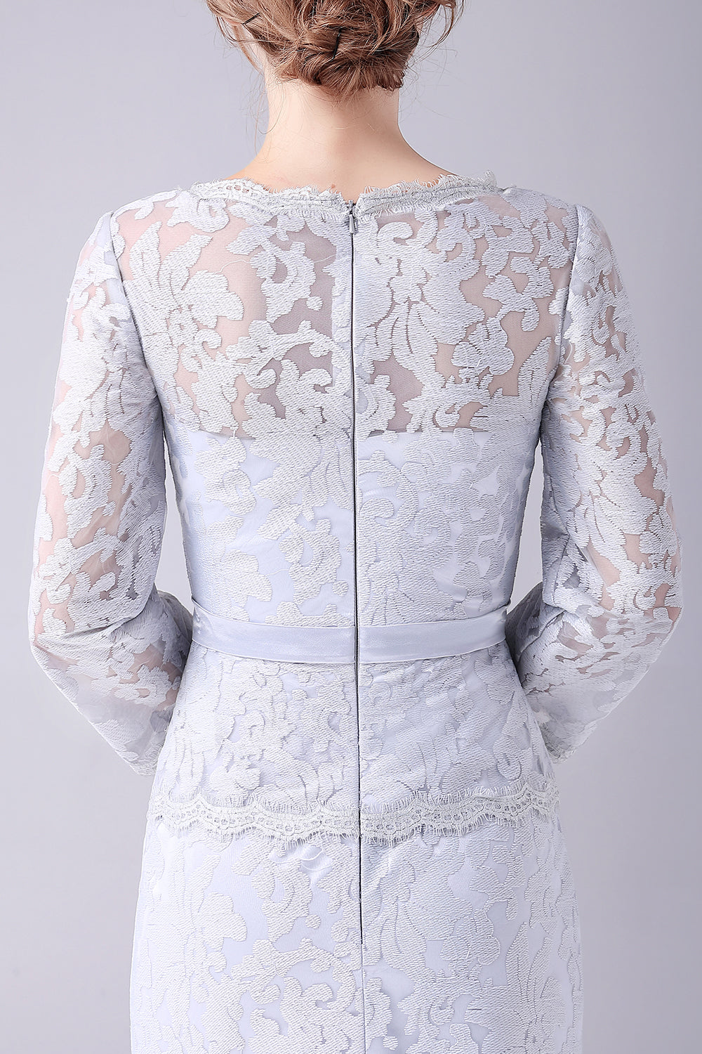 Vaina De Encaje Plateado Mangas Largas Largo Largo Madre Del Vestido De La Novia