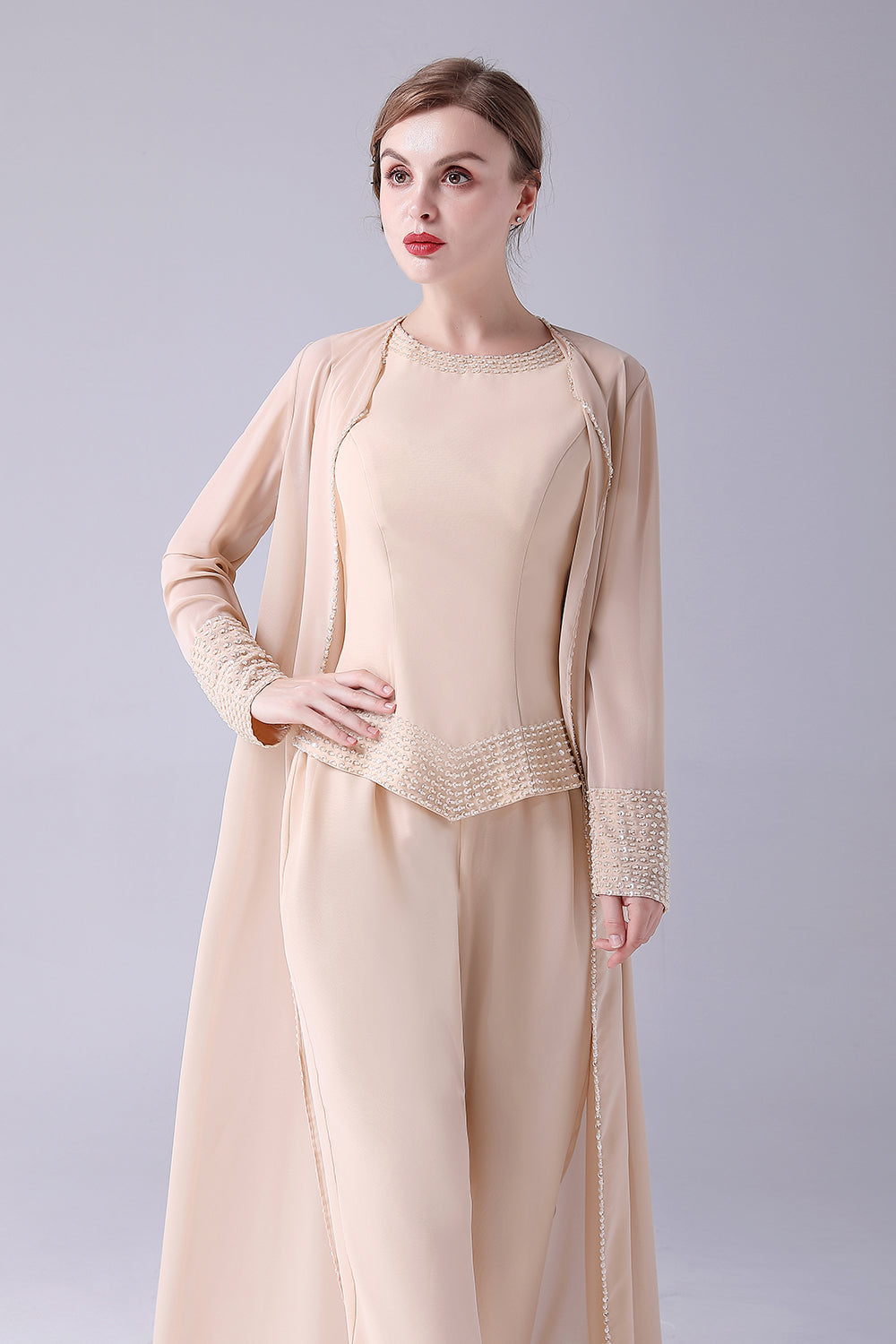 Champagne Abrigo Largo 3 Piezas Madre de la Novia Trajes Pantalón