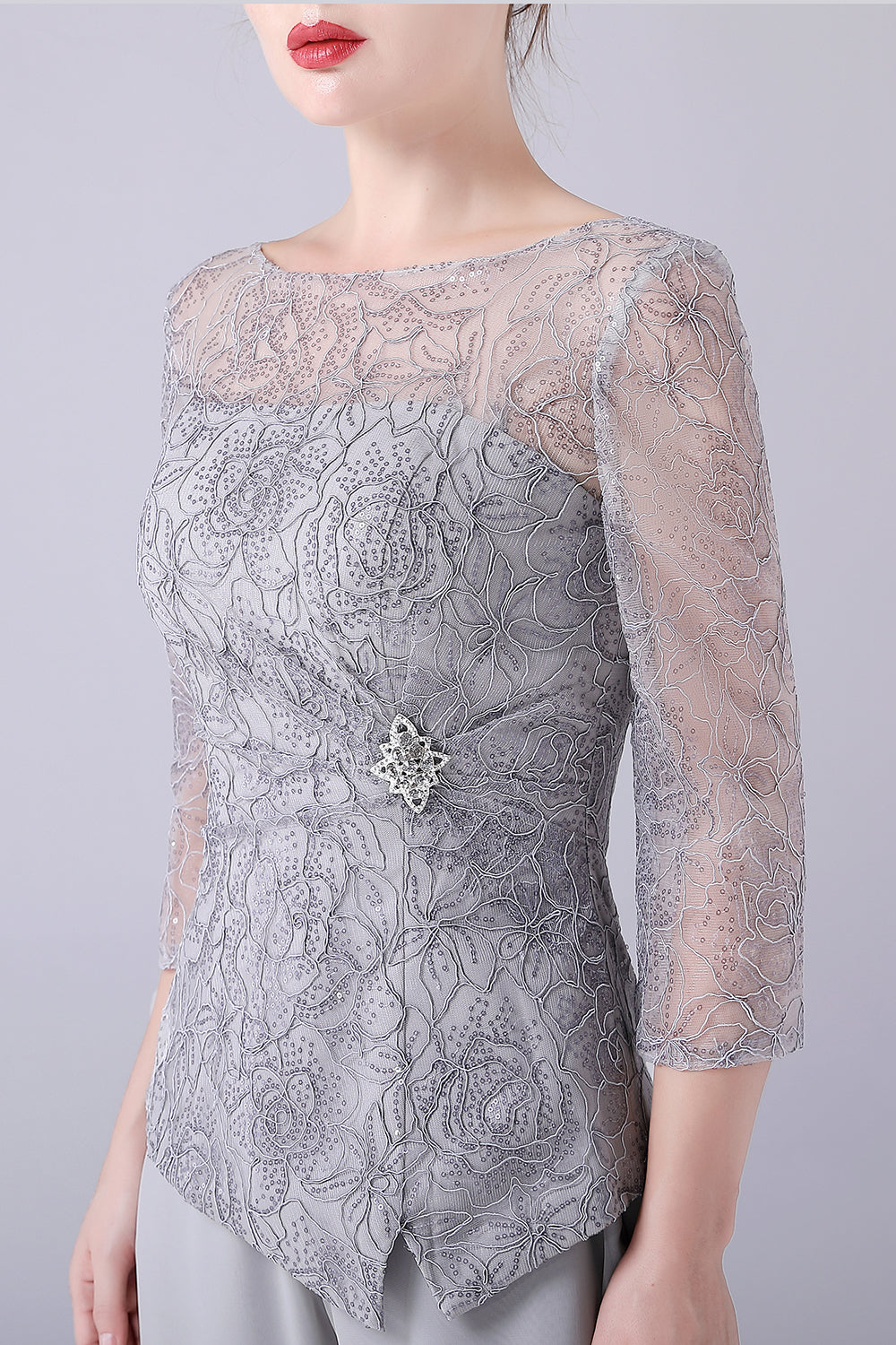 Plata 2 Piezas Delgados Elegantes Madre de la Novia Trajes de Pantalón