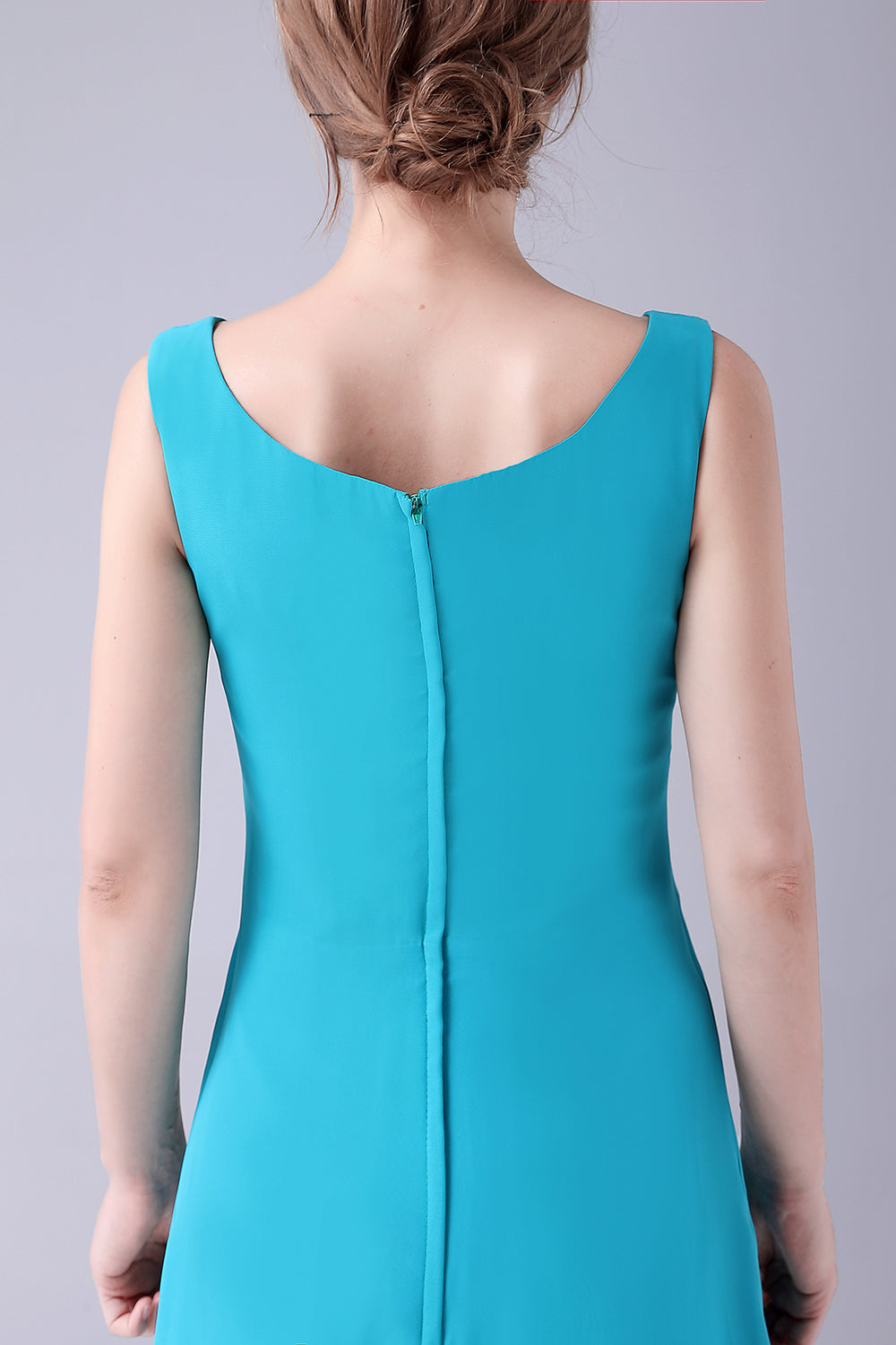 Vestido azul de gasa con cuello redondo de línea A hasta el suelo hasta el suelo