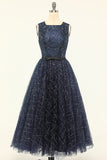 Glitter Navy Tulle Prom Vestido