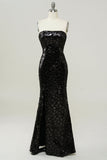 Vestido de lentejuelas negro sin tirantes sirena