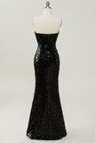 Vestido de lentejuelas negro sin tirantes sirena