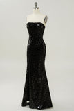 Vestido de lentejuelas negro sin tirantes sirena