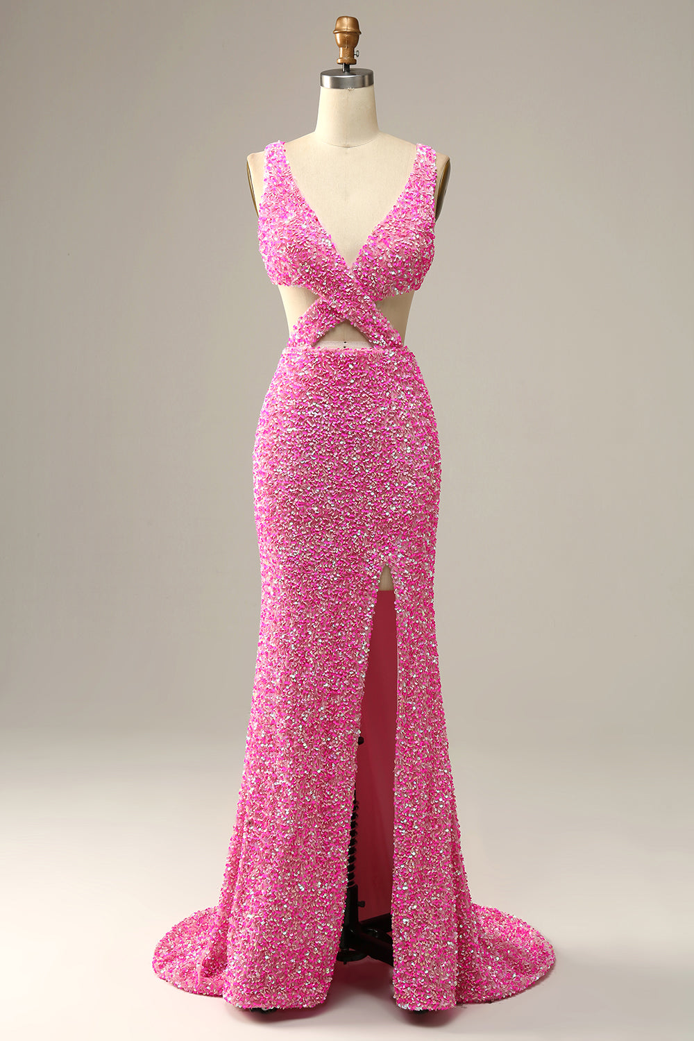 Fucsia lentejuelas cuello en V vestido de fiesta