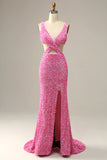 Fucsia lentejuelas cuello en V vestido de fiesta