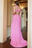 Fucsia lentejuelas cuello en V vestido de fiesta