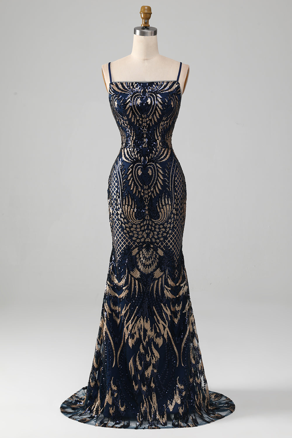 Vestido de fiesta de sirena con tirantes de espagueti azul marino brillante