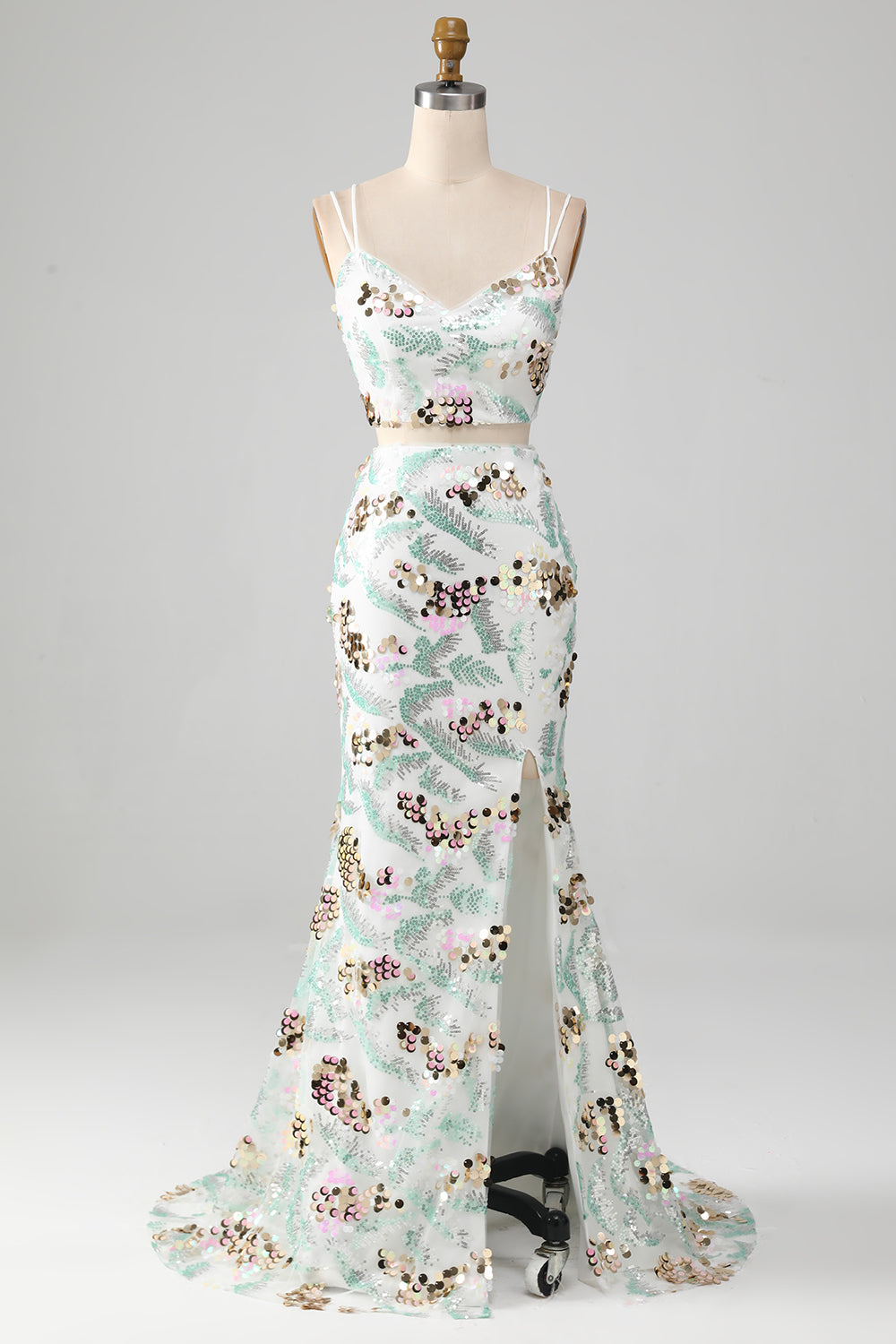 Vestido de fiesta de sirena brillante blanco de dos piezas con abertura