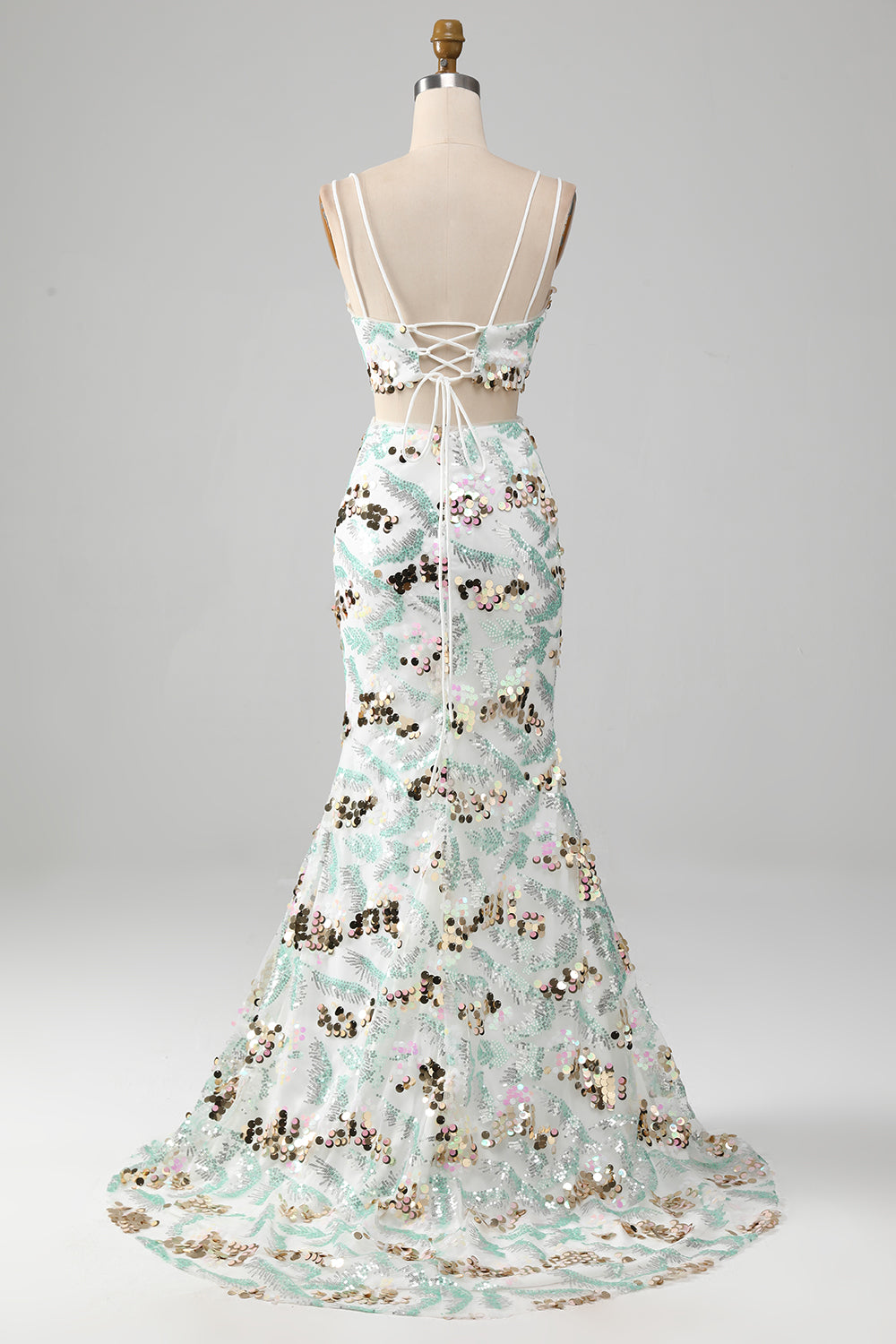 Vestido de fiesta de sirena brillante blanco de dos piezas con abertura